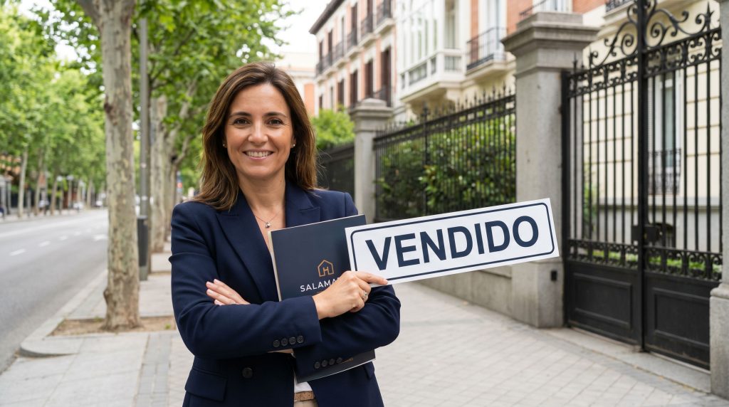 Agente inmobiliario posando como Agente inmobiliario consolidado como referencia inmobiliaria en su barrio de Madrid junto a cartel de vendido en fachada de edificio clásico
