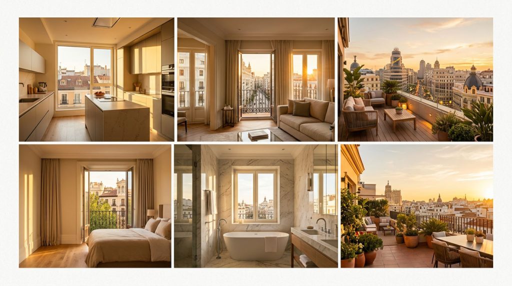 Portfolio de fotografía profesional inmobiliaria Madrid: cocina, salón, terraza y dormitorio de pisos en Salamanca y Chamberí con luz dorada profesional