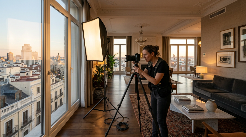 Fotógrafo profesional realizando una sesión de fotografía inmobiliaria en Madrid con trípode, gran angular y flash de relleno en piso de lujo