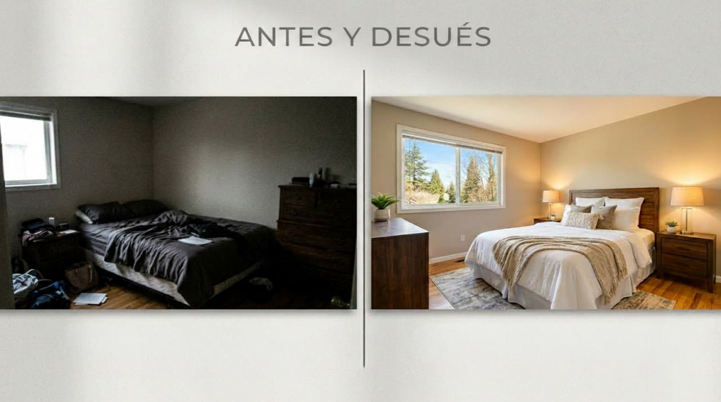 Comparativa de fotografía profesional inmobiliaria en Madrid frente a foto de móvil del mismo salón: luz, ángulo y calidad