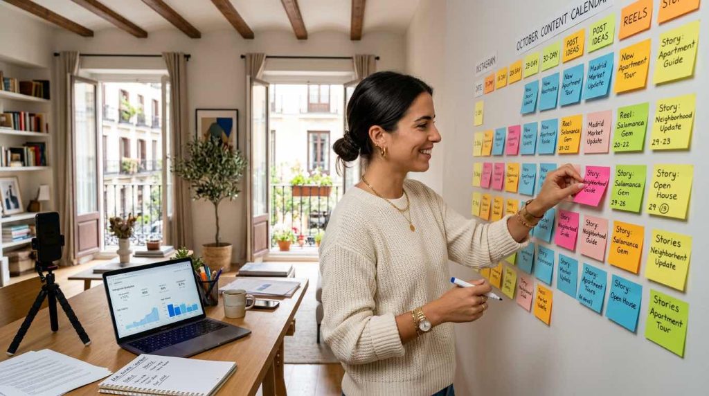Agente inmobiliario planificando su estrategia de content creator inmobiliario Madrid con calendario y métricas de Instagram