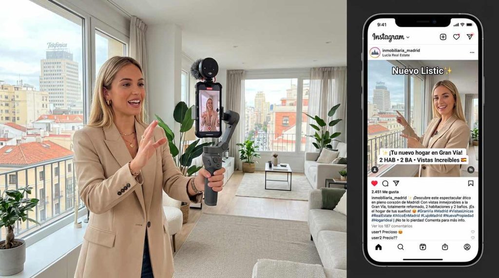 Content creator inmobiliario en Madrid grabando un reel de propiedad con smartphone y gimbal en piso moderno
