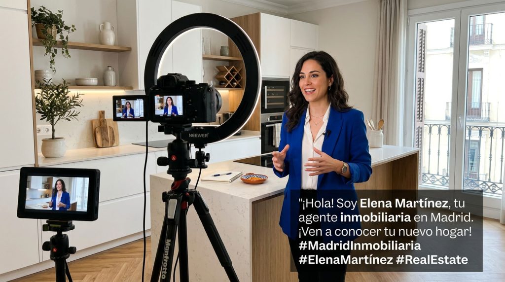 Flat lay de materiales de identidad visual para crear marca personal inmobiliaria en Madrid: tarjetas, paleta de color, tipografía y perfil de Instagram