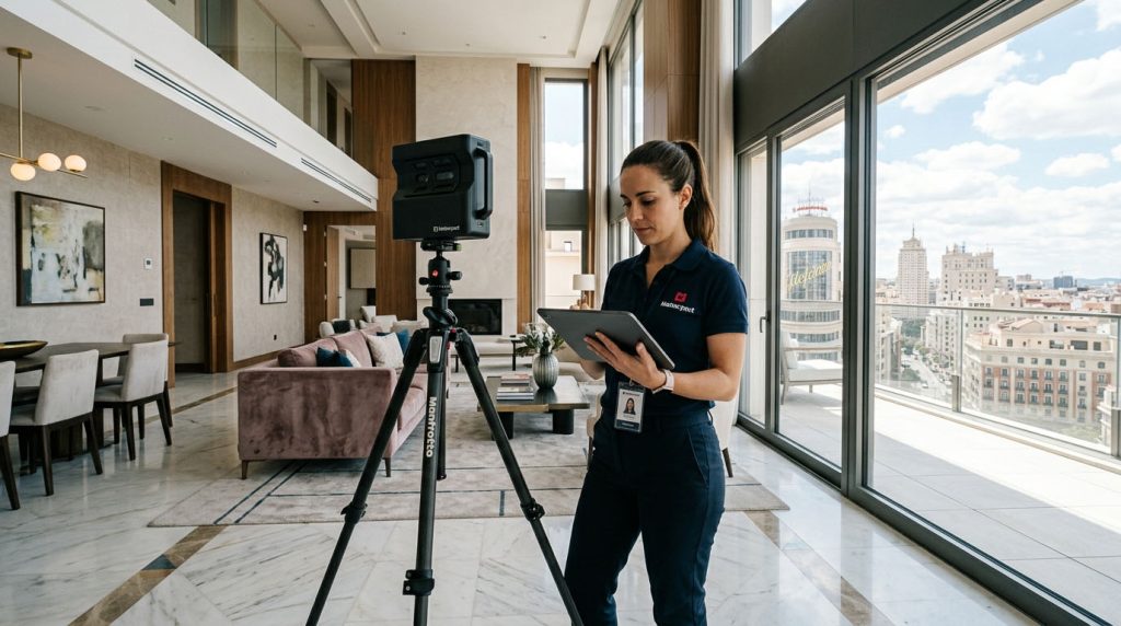 Cámara Matterport en trípode escaneando el salón de un piso de lujo para crear un tour virtual inmobiliario en Madrid