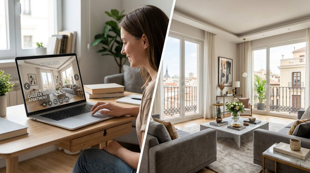 Interfaz de tour virtual 360° inmobiliario en Madrid mostrando estadísticas de visitas y tiempo de permanencia por estancia en panel de analíticas