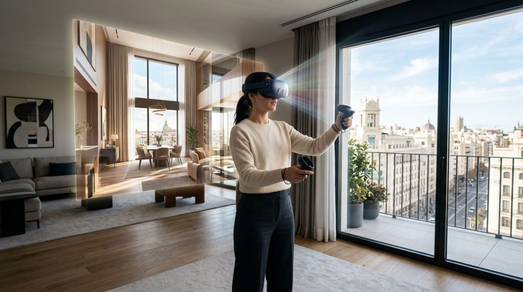 Comprador visitando un piso de Madrid mediante tour virtual inmobiliario desde su ordenador portátil, sin salir de casa