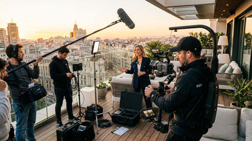Agente inmobiliario grabando un video lifestyle en Madrid con smartphone y gimbal en una calle del barrio de Chamberí al atardecer