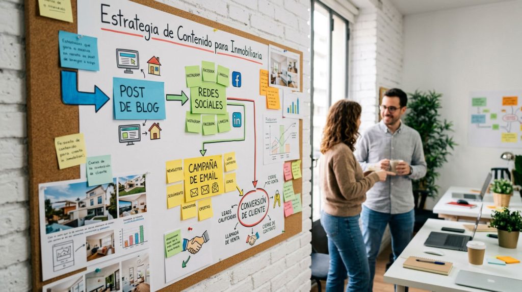 Agente inmobiliario planificando su estrategia de marketing de contenidos para inmobiliaria en Madrid con calendario editorial y métricas en pantalla