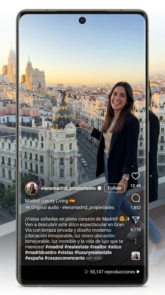 Panel de métricas de Instagram de un agente inmobiliario con estrategia de video lifestyle en Madrid mostrando guardados, compartidos y DMs recibidos