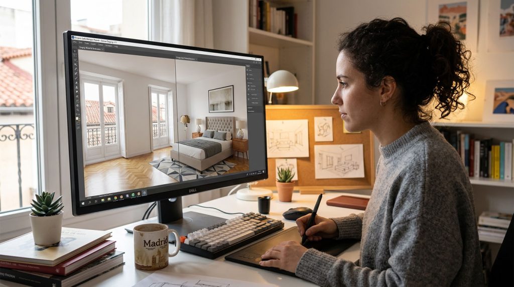 Diseñador realizando el proceso de virtual staging para inmobiliaria en Madrid en software de renderizado 3D con habitación vacía visible en pantalla