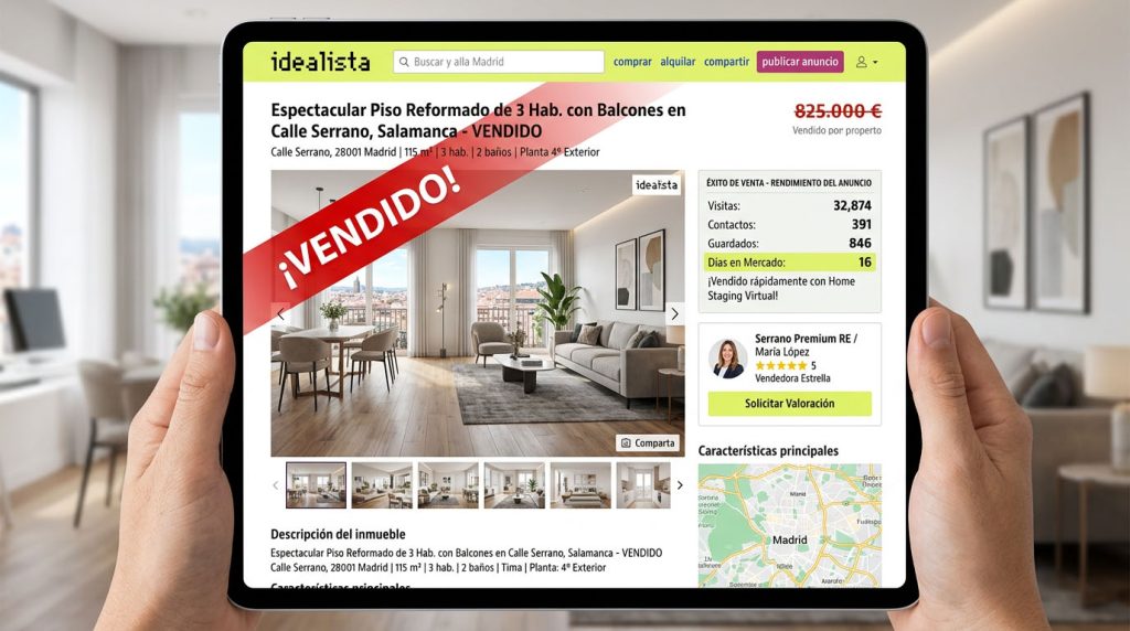Listing de piso con virtual staging en Madrid publicado en Idealista mostrando dormitorio amueblado digitalmente con alta interacción y solicitudes de visita