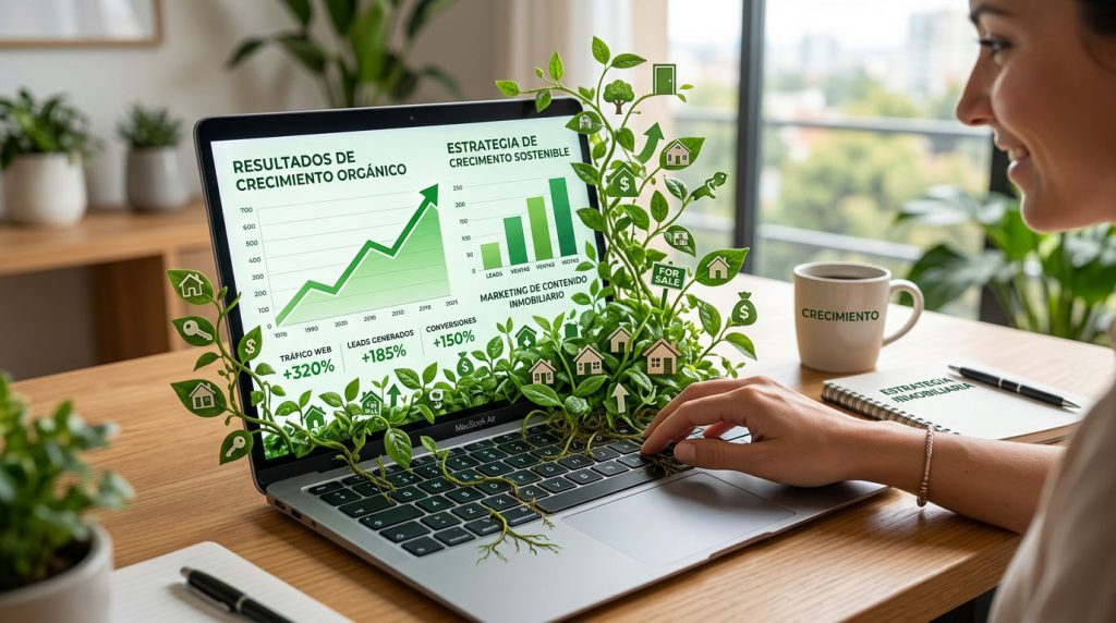 Dashboard de resultados de marketing de contenidos inmobiliario en Madrid mostrando crecimiento orgánico de tráfico web, seguidores y leads sin publicidad pagada