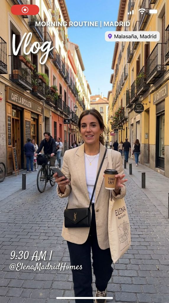 Agente inmobiliaria editando un video lifestyle para su estrategia inmobiliaria en CapCut desde el smartphone con métricas de Instagram en pantalla
