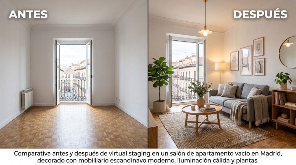 Comparativa antes y después de virtual staging en Madrid: salón vacío transformado en espacio amueblado con sofá, mesa y decoración escandinava