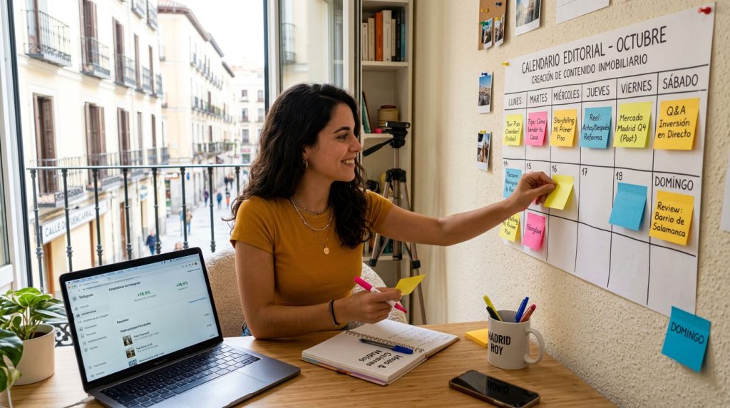 Calendario semanal de contenidos para content creator inmobiliario en Madrid mostrando Instagram, TikTok, LinkedIn y YouTube organizados por día