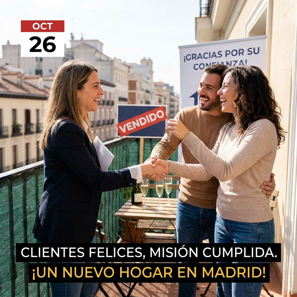 Pareja de clientes sonrientes recibiendo llaves de nuevo piso en Madrid de manos de agente inmobiliario con reseñas verificadas en Google