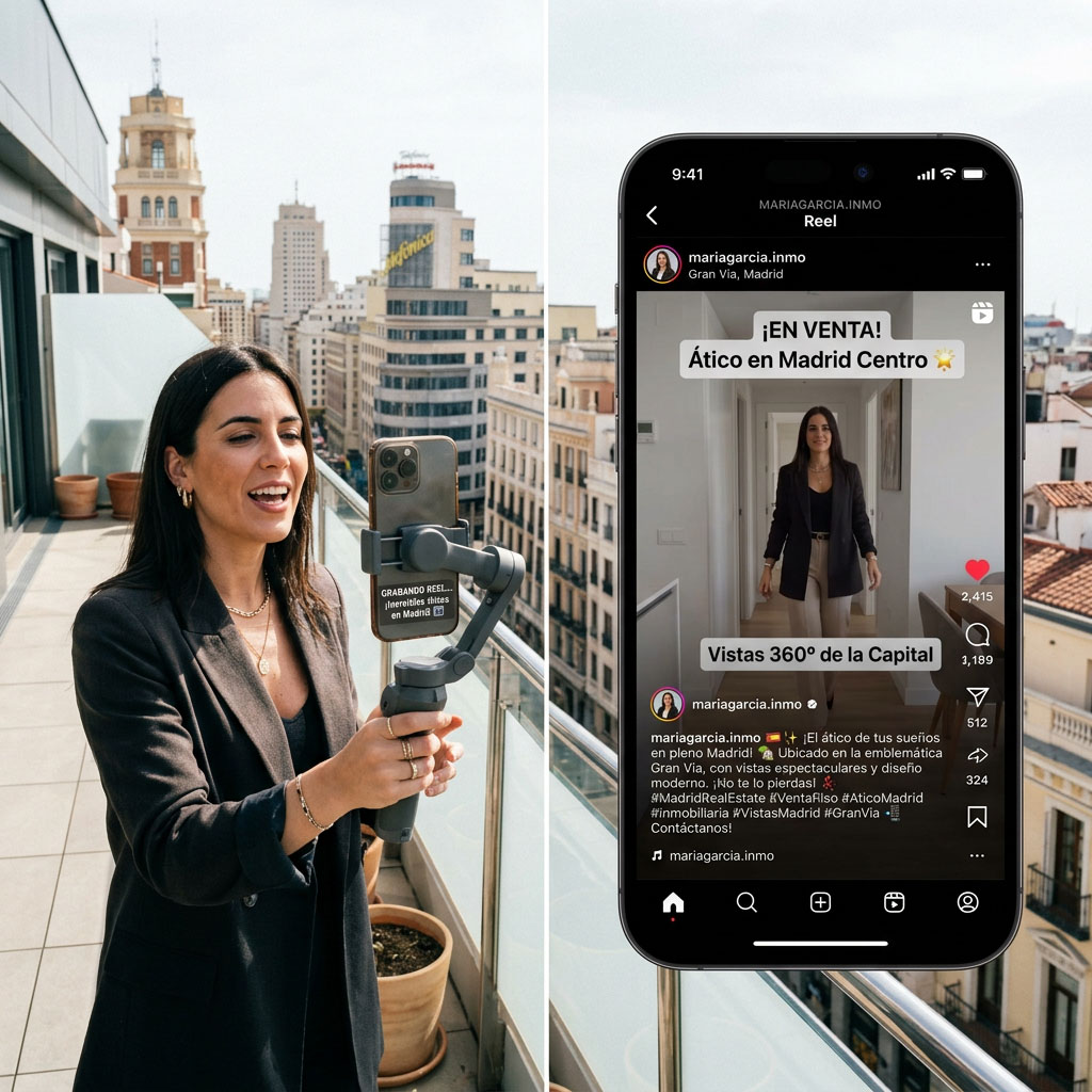 Equipo básico para content creator inmobiliario Madrid: smartphone, gimbal, micrófono de solapa y aro de luz LED sobre mesa de trabajo