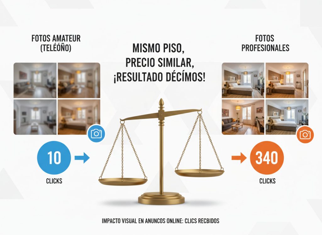 Agente inmobiliario presentando el valor de la fotografía inmobiliaria en su propuesta de captación a propietario con dossier de imágenes profesionales sobre mesa