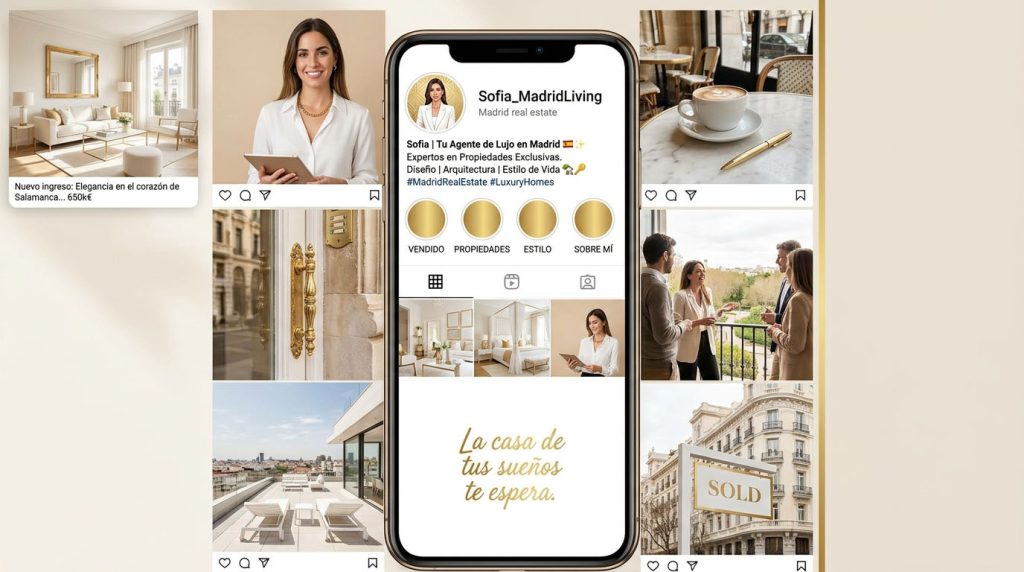 Perfil de Instagram de agente inmobiliario en Madrid optimizado con foto profesional, biografía clara y grid de contenido visualmente consistente en pantalla de móvil