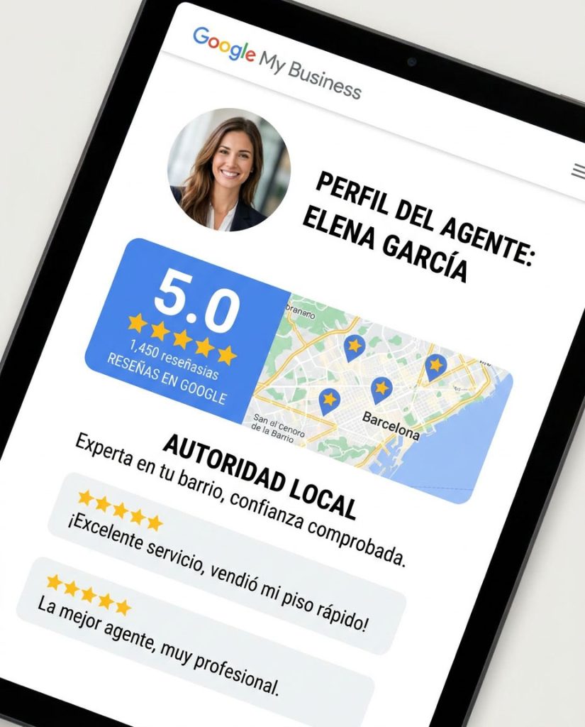 Perfil de Google Business de agente inmobiliario en Madrid con 5 estrellas y más de 40 reseñas positivas visibles en pantalla de smartphone