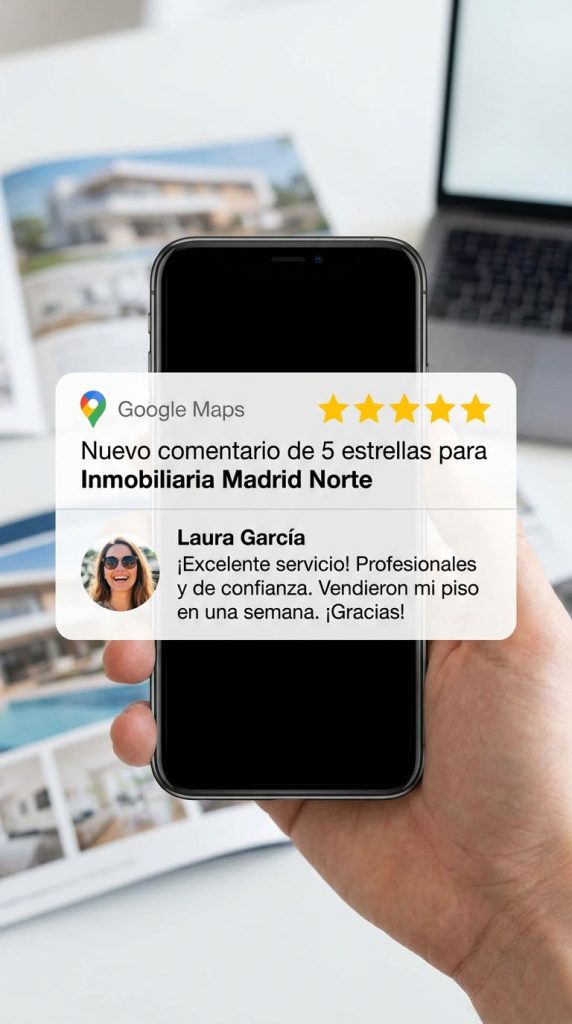 Agente inmobiliario enviando mensaje de WhatsApp para pedir reseña en Google a cliente en Madrid tras firma de compraventa con script personalizado