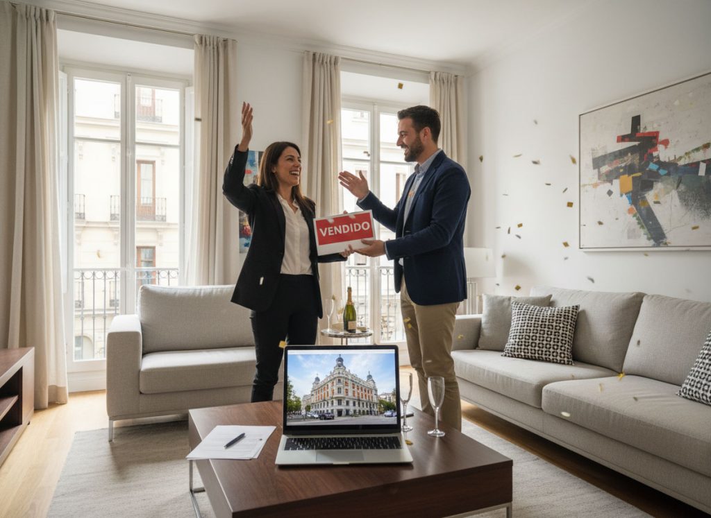 Propietario y agente celebrando firma de venta en Madrid gracias al valor de la fotografía inmobiliaria profesional que aceleró la venta y mantuvo el precio