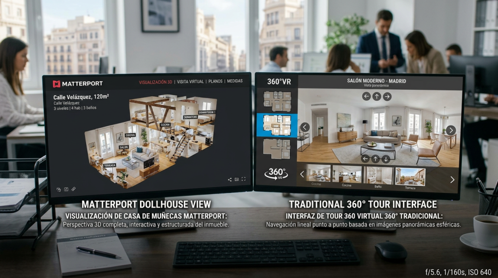 Comparativa de Matterport Madrid inmobiliaria vs tour 360: pantalla dividida mostrando modelo 3D Matterport y Tour Virtual 360° del mismo salón en tablet