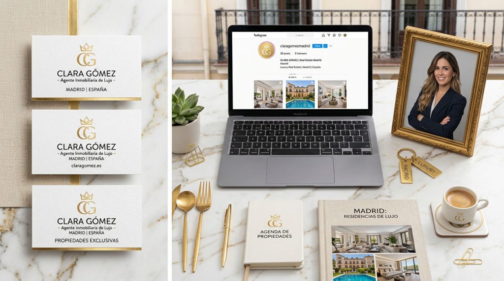 Agente inmobiliaria con marca personal sólida caminando por calle del barrio de Chamberí en Madrid, mostrando cómo crear una marca personal inmobiliaria en Madrid con imagen profesional y presencia de barrio