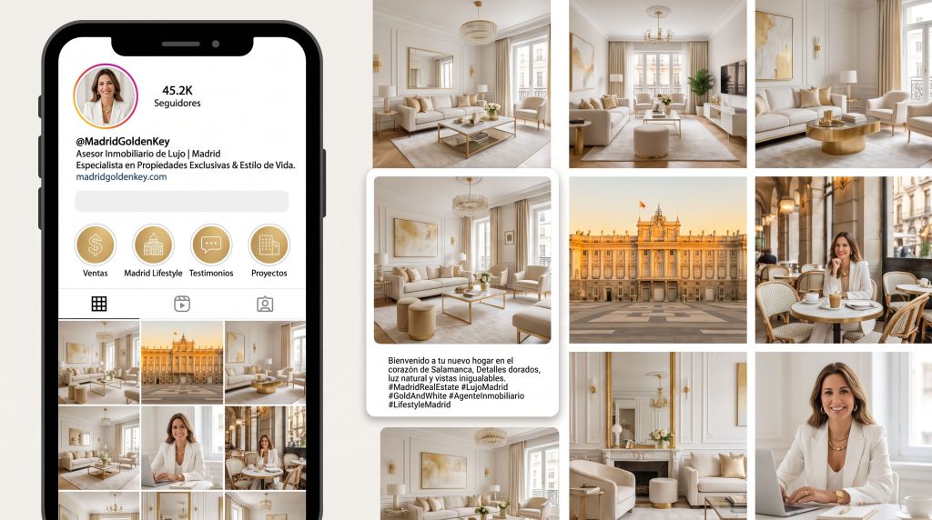 Perfil de Instagram de agente inmobiliario en Madrid optimizado con foto profesional, biografía clara y grid de contenido consistente en móvil