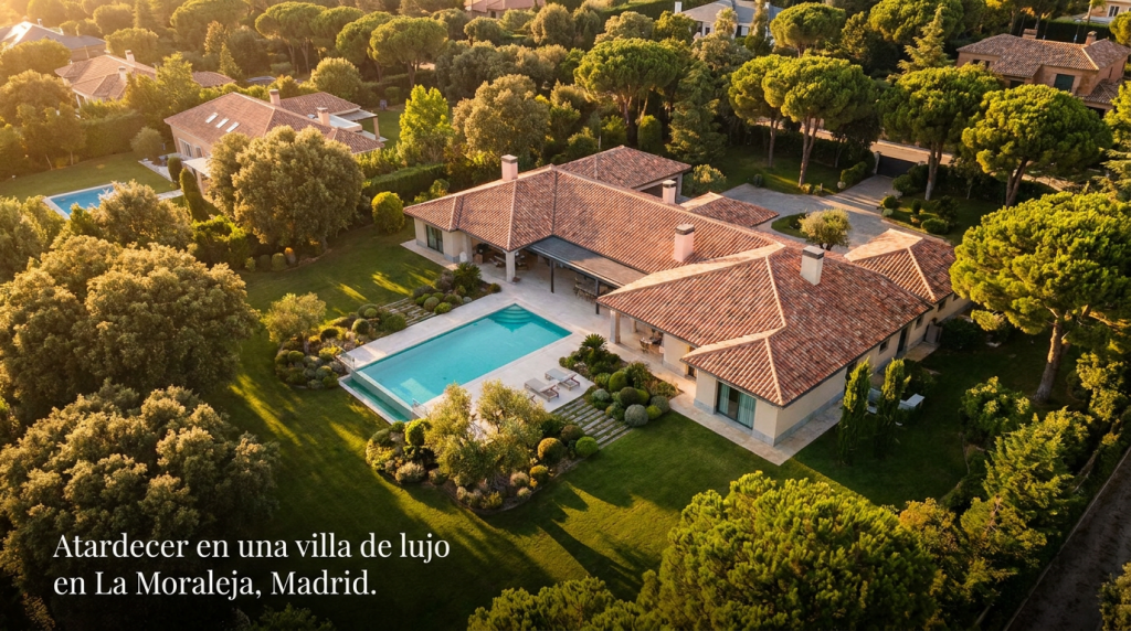 Vista cenital de chalet con parcela, jardín y piscina captada con drone inmobiliario mostrando los límites reales del terreno