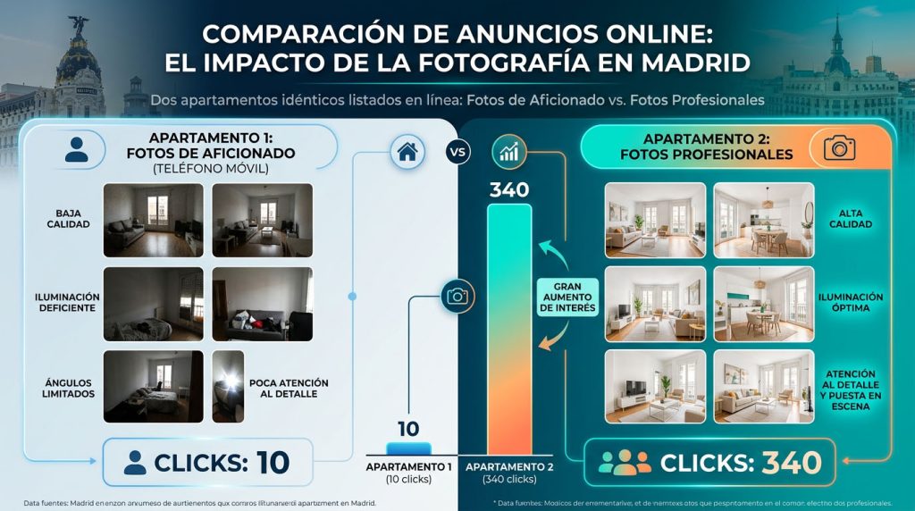 Agente inmobiliario presentando fotografía profesional como propuesta de valor a propietario con dossier de captación sobre la mesa en Madrid