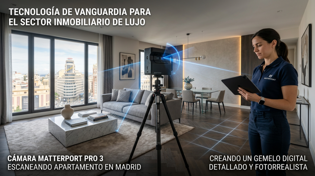 Operador de Matterport Madrid para inmobiliaria capturando tour virtual con cámara Ricoh Theta Z1 en salón de piso de lujo en el barrio de Salamanca