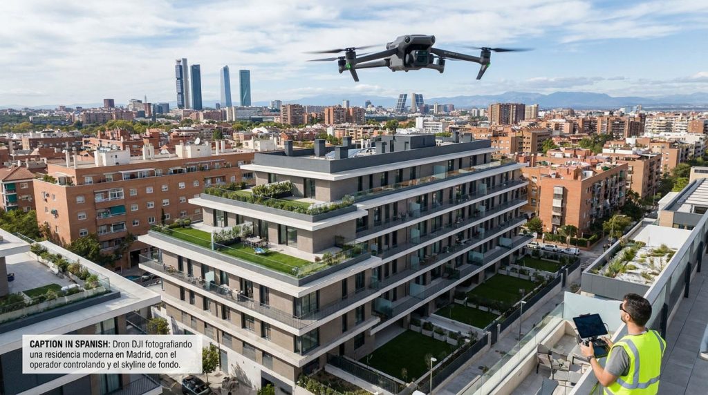 Piloto profesional acreditado operando un dron inmobiliario con mando y monitor durante una sesión de fotografía aérea de vivienda