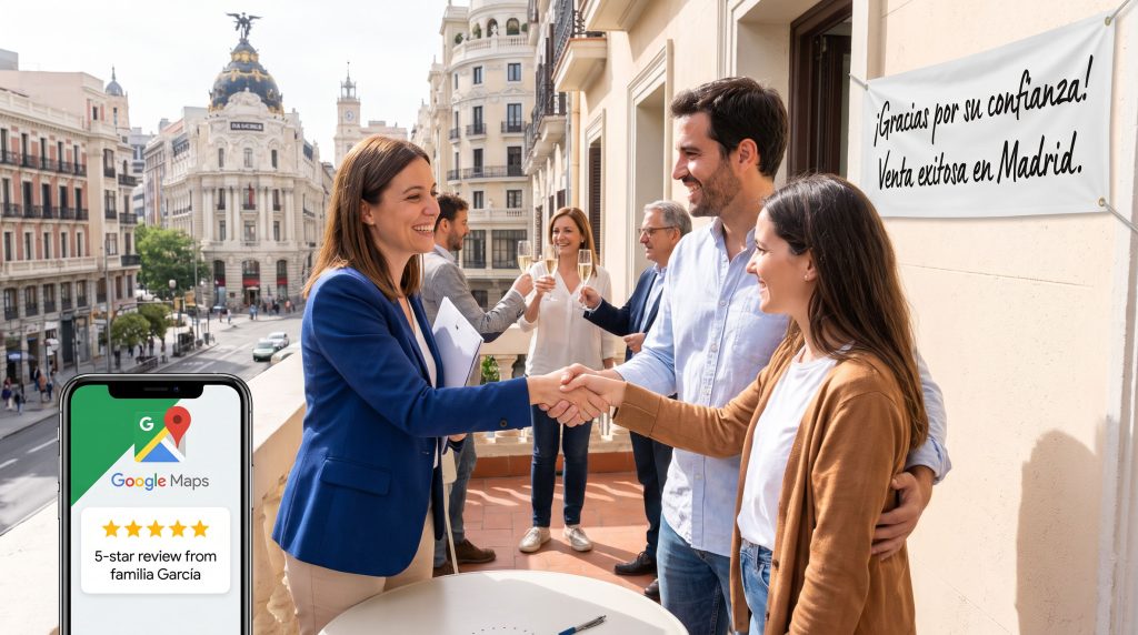 Agente inmobiliario entregando las llaves a una pareja feliz en Madrid, el momento perfecto para pedir una reseña como agente inmobiliario