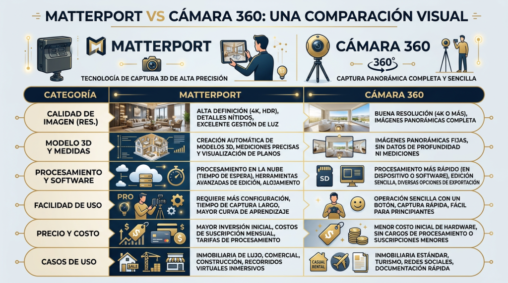 Comprador navegando tour virtual 360° de propiedad en Madrid desde portátil comparando opciones de visita antes de solicitar visita presencial