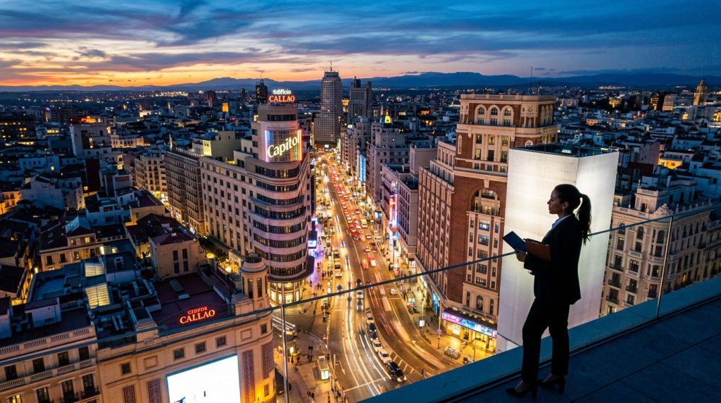 Agente inmobiliario de Madrid revisando métricas de SEO local en Google Business como parte de su estrategia para crear una marca personal inmobiliaria con visibilidad en buscadores
