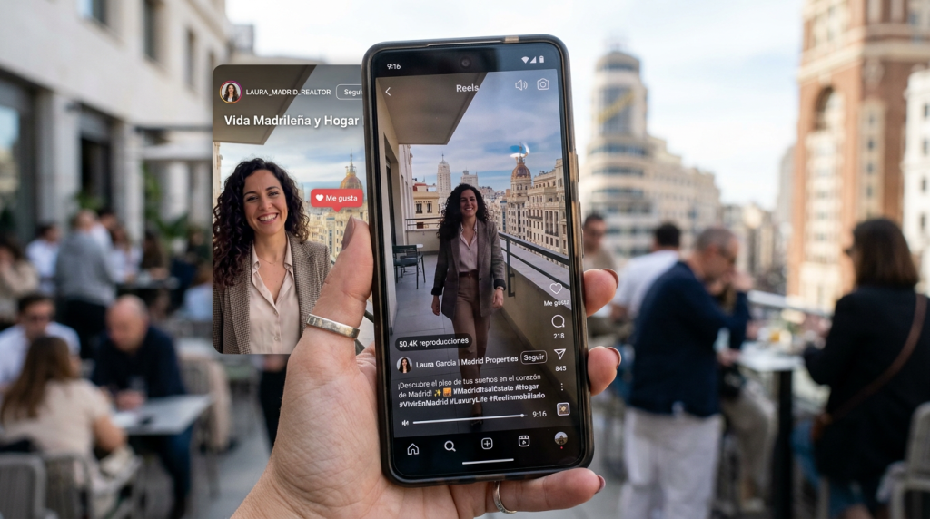 Panel de métricas de Instagram de agente inmobiliario con estrategia de video lifestyle mostrando guardados, compartidos, DMs recibidos y alcance a no-seguidores