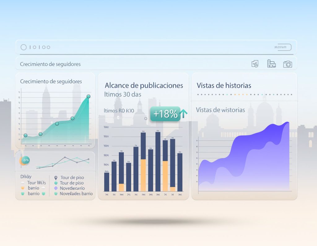 Panel de métricas de Instagram de agente inmobiliario en Madrid mostrando crecimiento de seguidores, alcance de Reels y DMs recibidos como leads