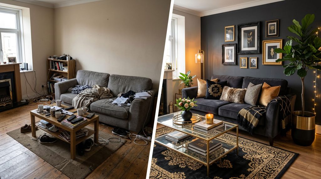 Comparativa antes y después de home staging y fotografía inmobiliaria del mismo salón, de recargado a amplio y luminoso