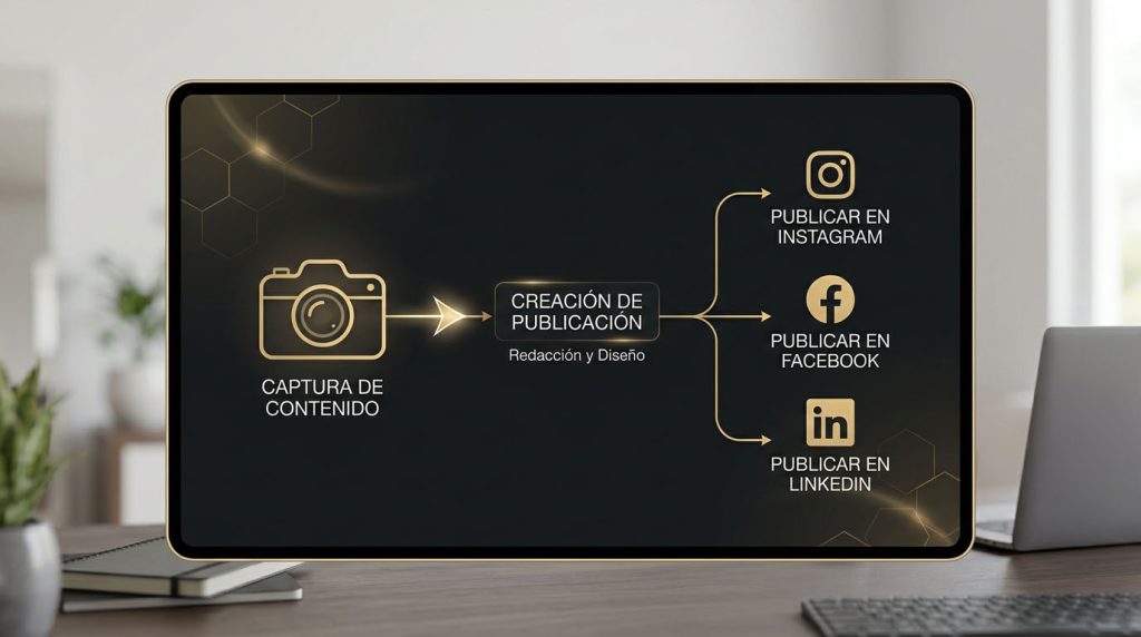 Flujo de automatización de contenido inmobiliario que convierte una sesión de fotos en un mes entero de publicaciones