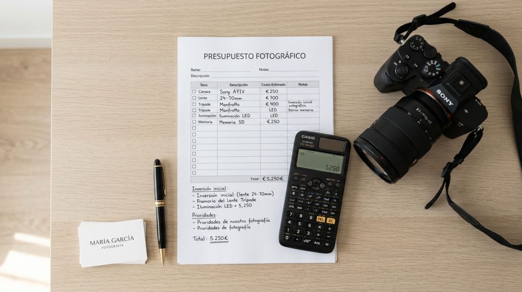 Presupuesto transparente que desglosa el precio de un reportaje fotográfico inmobiliario por factores y extras
