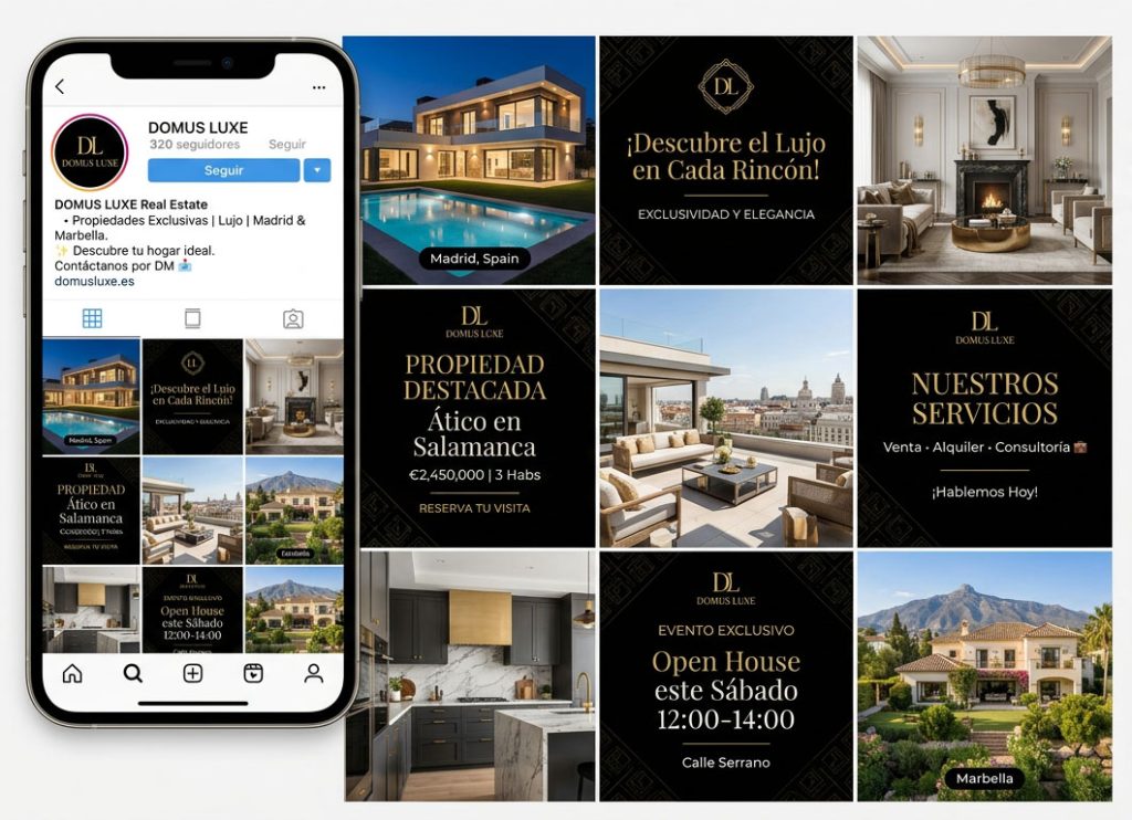 Paleta de color sobria de una identidad visual inmobiliaria que enmarca y realza las fotos de las propiedades sin competir con ellas