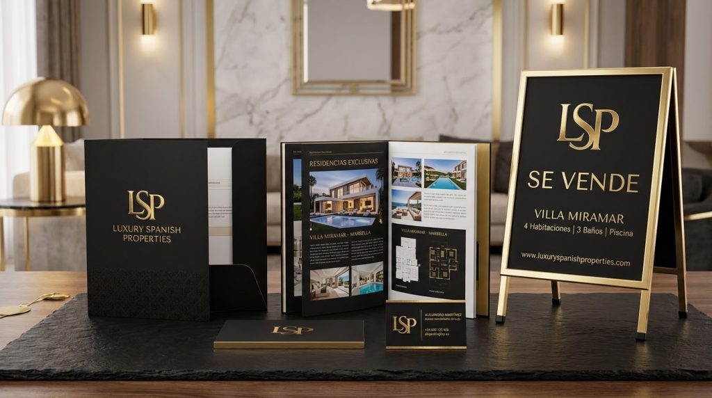Sistema mínimo de cuatro plantillas de una identidad visual inmobiliaria: portada, dato, testimonio y propiedad