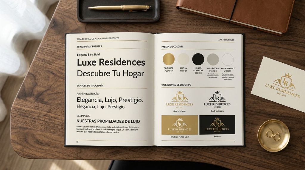 Sistema de identidad visual inmobiliaria con paleta de color, tipografías, logo y elementos gráficos de una marca de agente